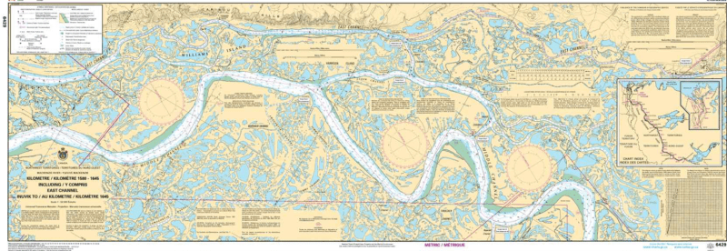 Official Canadian Hydrographic Service CHS Chart 6429 for Kilometre 1580 to 1645 including East Channel from Inuvik featuring detailed river bathymetry, navigation channels, and delta passage details. Official Canadian Hydrographic Service CHS Chart 6429 for Kilometre 1580 to 1645 including East Channel from Inuvik featuring detailed river bathymetry, navigation channels, and delta passage details.