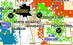 Laminated Saskatchewan regional potash players wall map showing major mining lease locations, company land positions, and conventional or in-situ mine ownership.