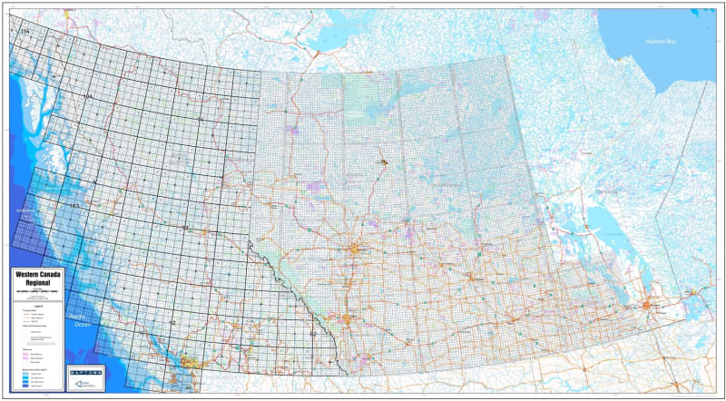 Western Canada Regional Base Map with Township and NTS Grids. We have also added the township grids in Alberta, southern Saskatchewan, SW Manitoba and in BC's Peace River Block. This detailed base map includes primary and secondary roads, railroads, lakes