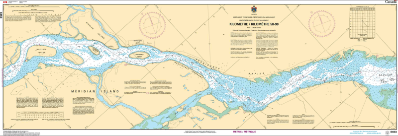 Official Canadian Hydrographic Service CHS Chart 6453 for the Mackenzie River mapping the strip from Kilometre 58 to Kilometre 90, detailing complex channel navigation around Meridian Island and the approaches to Providence Rapids. Official Canadian Hydrographic Service CHS Chart 6453 for the Mackenzie River mapping the strip from Kilometre 58 to Kilometre 90, detailing complex channel navigation around Meridian Island and the approaches to Providence Rapids.