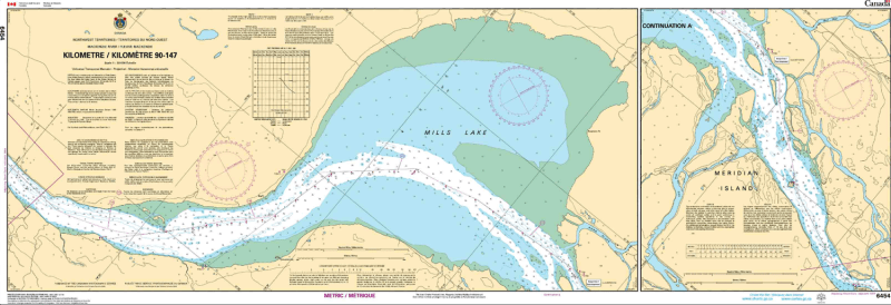 Official Canadian Hydrographic Service CHS Chart 6454 for the Mackenzie River mapping the strip from Kilometer 90 to Kilometer 147, highlighting the wide channels of Mills Lake and routes near Meridian Island. Official Canadian Hydrographic Service CHS Chart 6454 for the Mackenzie River mapping the strip from Kilometer 90 to Kilometer 147, highlighting the wide channels of Mills Lake and routes near Meridian Island.