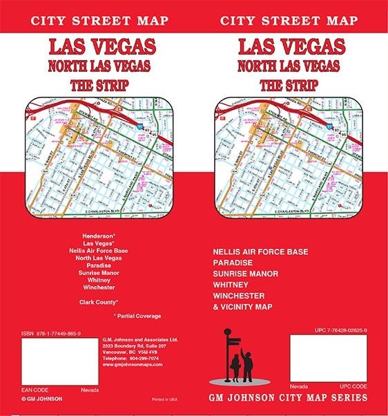 Folded street map of Las Vegas and The Strip featuring Henderson, North Las Vegas, and major tourist attractions.