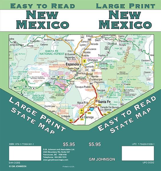New Mexico State map. This large print map is easy to read and covers the entire state of New Mexico, USA. It's waterproof, shows several campgrounds and recreation areas. Area of interest include aninset of Albuquerque, downtown Albuquerque, Santa Fe, do