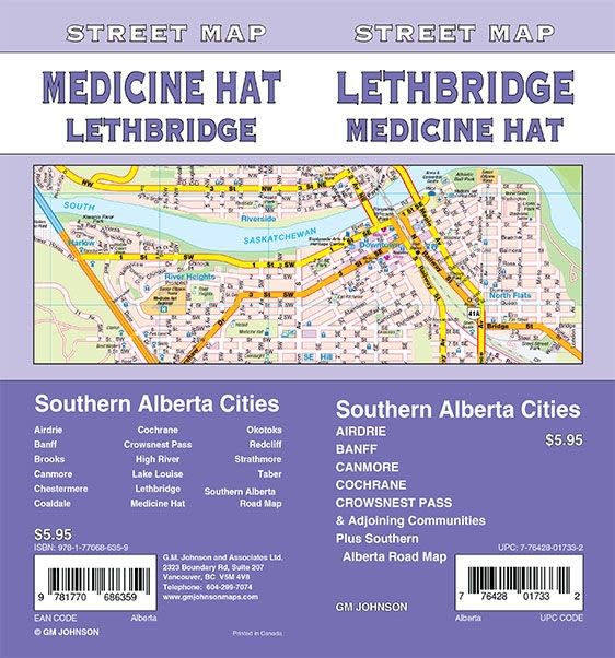 Lethbridge & Medicine Hat Street Map Includes a detailed street map of several cities in Southern Alberta including Airdrie, Banff, Brooks, Canmore, Chestermere, Coaldale, Cochrane, Crowsnest Pass, High River, Lake Louise, Lethbridge, Okotoks, Redcliff, S