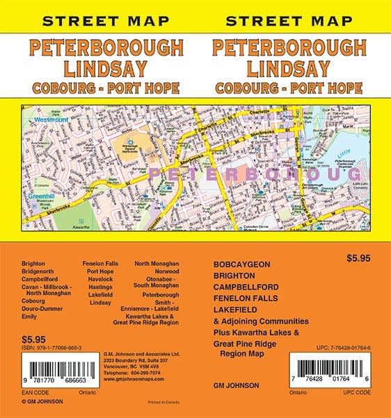 Peterborough, Lindsay, Cobourg - Port Hope Ontario Street map includes Bobcaygeon, Brighton, Campbellford, Fenelon Falls, Lakefield and adjoining communities; plus Kawartha Lakes and Great Pine Ridge Region map
