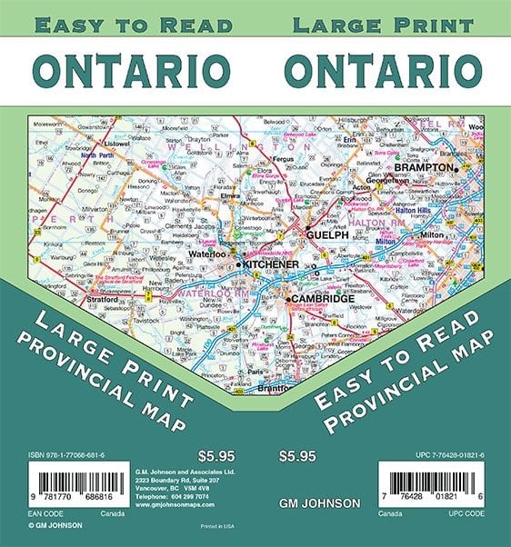 Ontario Road Map Includes Southwestern Ontario, Pelee Island, Southeastern Ontario, Central Ontario, Northern Ontario, Hamilton, Niagara Falls, Ottawa, Toronto. The map includes Ontario's distance chart, major walking trails, parks, campgrounds, ski areas