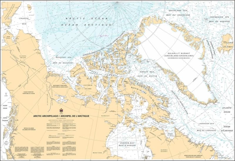 Official Canadian Hydrographic Service CHS Chart 7000 showing a macro-scale navigational overview of the entire Canadian Arctic Archipelago, Baffin Bay, and the Beaufort Sea. Official Canadian Hydrographic Service CHS Chart 7000 showing a macro-scale navigational overview of the entire Canadian Arctic Archipelago, Baffin Bay, and the Beaufort Sea.