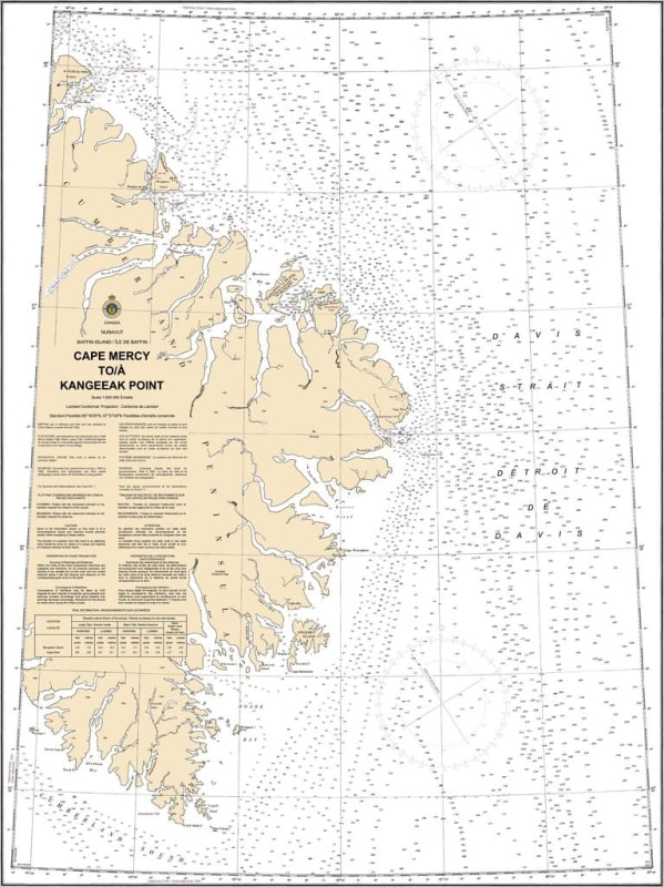 Canadian Hydrographic Service CHS 7052 Cape Mercy to Kangeeak Point nautical chart depicting marine depths, coastal topography, and navigation aids.