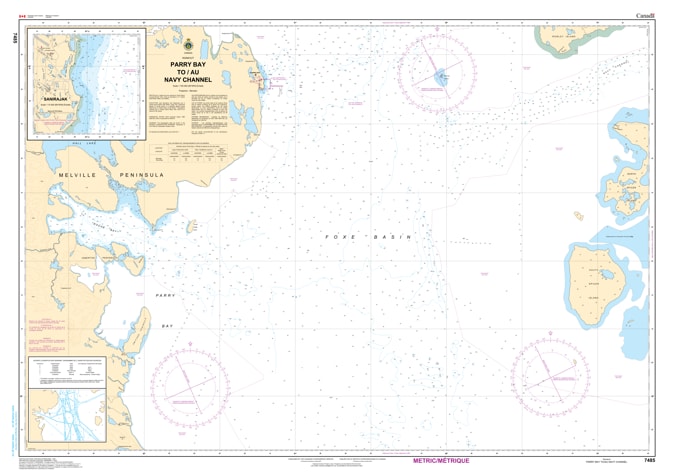 Official Canadian Hydrographic Service nautical chart 7485 of Parry Bay to Navy Channel, detailing Arctic marine navigation routes and depth soundings.