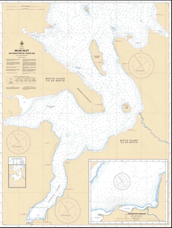Official Canadian Hydrographic Service nautical chart 7513 of the southern portion of Milne Inlet, Nunavut, detailing Arctic bathymetric depth soundings at 1 to 40,000 scale. Official Canadian Hydrographic Service nautical chart 7513 of the southern portion of Milne Inlet, Nunavut, detailing Arctic bathymetric depth soundings at 1 to 40,000 scale.