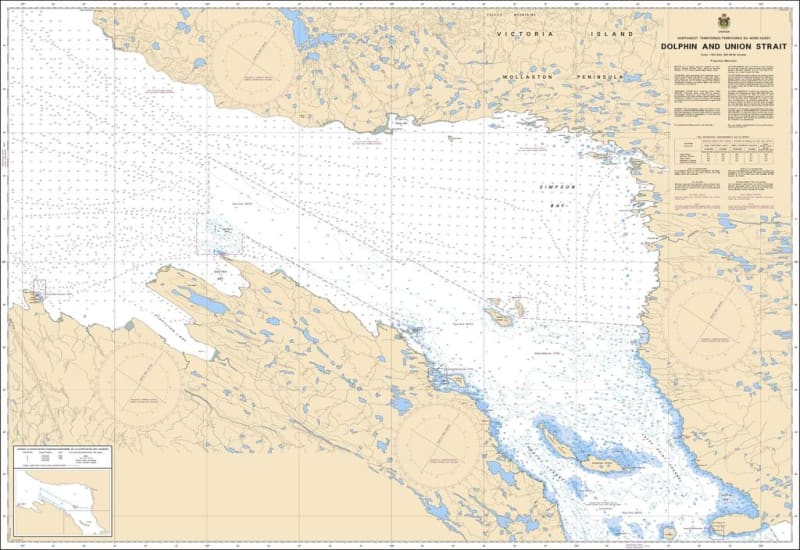 Official Canadian Hydrographic Service CHS Chart 7776 mapping Dolphin and Union Strait between the Nunavut mainland and Victoria Island. Official Canadian Hydrographic Service CHS Chart 7776 mapping Dolphin and Union Strait between the Nunavut mainland and Victoria Island.