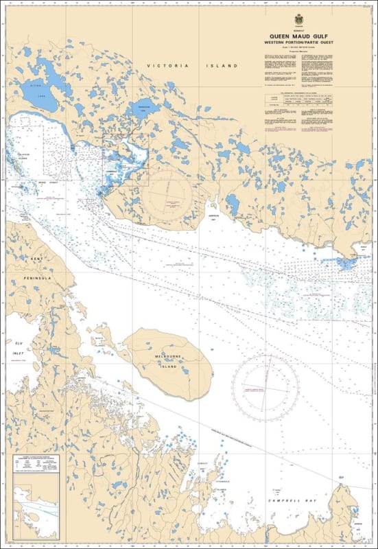 Official Canadian Hydrographic Service CHS Chart 7782 mapping the western portion of Queen Maud Gulf, detailing coastal topography and deep-water tracks between the Kent Peninsula and Melbourne Island. Official Canadian Hydrographic Service CHS Chart 7782 mapping the western portion of Queen Maud Gulf, detailing coastal topography and deep-water tracks between the Kent Peninsula and Melbourne Island.