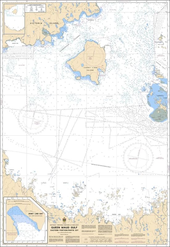 Official Canadian Hydrographic Service CHS Chart 7783 mapping the eastern portion of Queen Maud Gulf, detailing Jenny Lind Island and the intricate approaches to Simpson Strait. Official Canadian Hydrographic Service CHS Chart 7783 mapping the eastern portion of Queen Maud Gulf, detailing Jenny Lind Island and the intricate approaches to Simpson Strait.