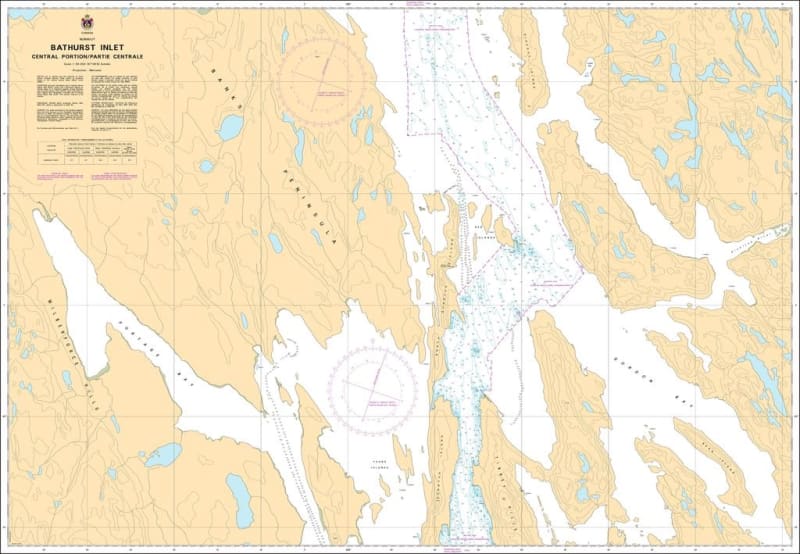 Official Canadian Hydrographic Service CHS Chart 7792 mapping the central portion of Bathurst Inlet in Nunavut, highlighting mid-inlet soundings, navigational channels, and regional island archipelagos. Official Canadian Hydrographic Service CHS Chart 7792 mapping the central portion of Bathurst Inlet in Nunavut, highlighting mid-inlet soundings, navigational channels, and regional island archipelagos.