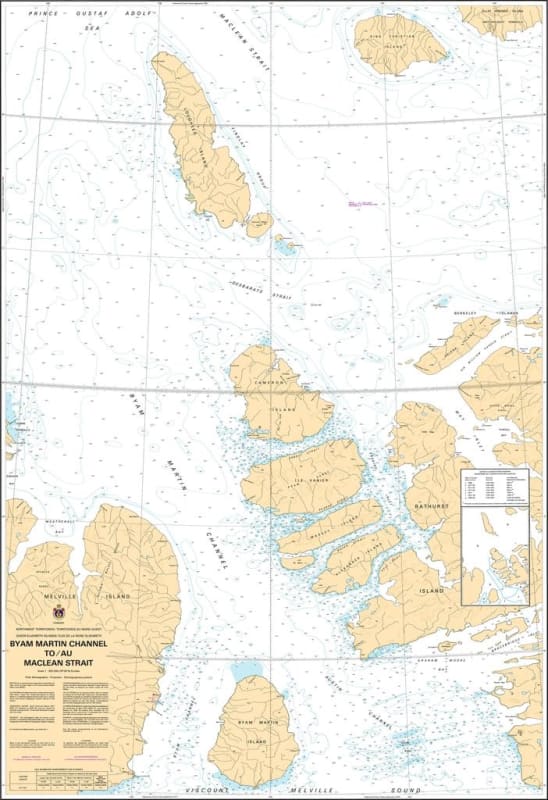 Official Canadian Hydrographic Service CHS Chart 7980 from Byam Martin Channel to Maclean Strait featuring detailed High Arctic bathymetric depth soundings. Official Canadian Hydrographic Service CHS Chart 7980 from Byam Martin Channel to Maclean Strait featuring detailed High Arctic bathymetric depth soundings.