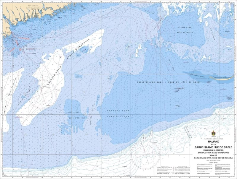 Official Canadian Hydrographic Service CHS Chart 8007 from Halifax to Sable Island featuring detailed Atlantic bathymetric depth soundings. Official Canadian Hydrographic Service CHS Chart 8007 from Halifax to Sable Island featuring detailed Atlantic bathymetric depth soundings.