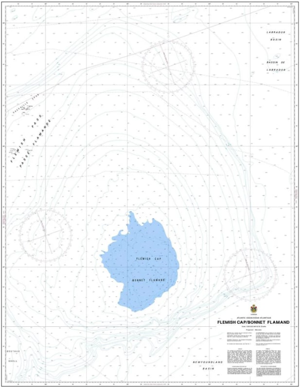 Official Canadian Hydrographic Service CHS Chart 8013 for Flemish Cap featuring detailed deep-water North Atlantic bathymetric soundings.