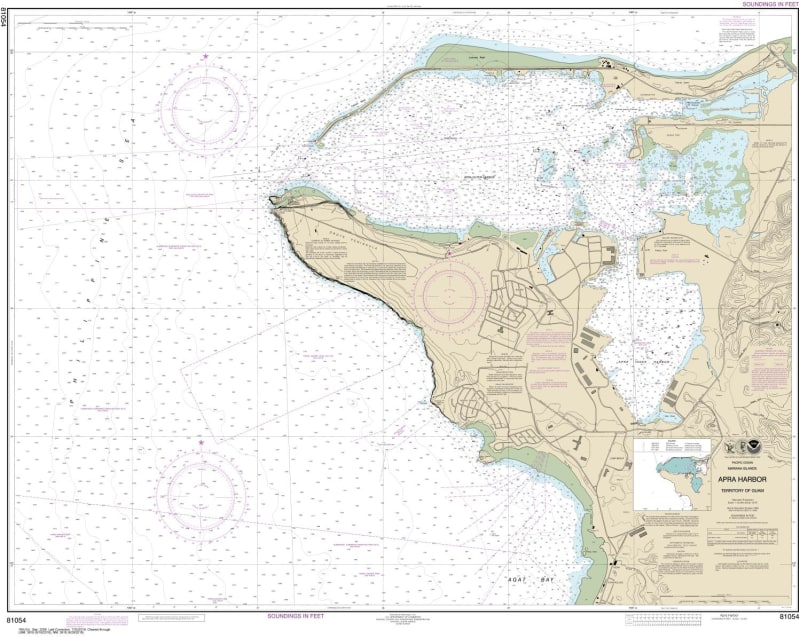NOAA Chart 81054. Nautical Chart of the Mariana Islands Apra Harbor - Guam. NOAA charts portray water depths, coastlines, dangers, aids to navigation, landmarks, bottom characteristics and other features, as well as regulatory, tide, and other information