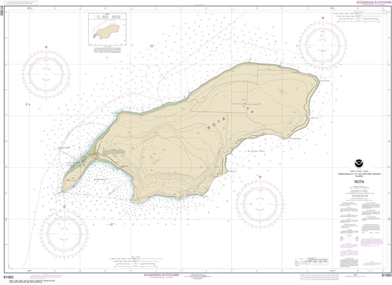 NOAA Chart 81063. Nautical Chart of the Commonwealth of the Northern Mariana Islands Rota. NOAA charts portray water depths, coastlines, dangers, aids to navigation, landmarks, bottom characteristics and other features, as well as regulatory, tide, and ot