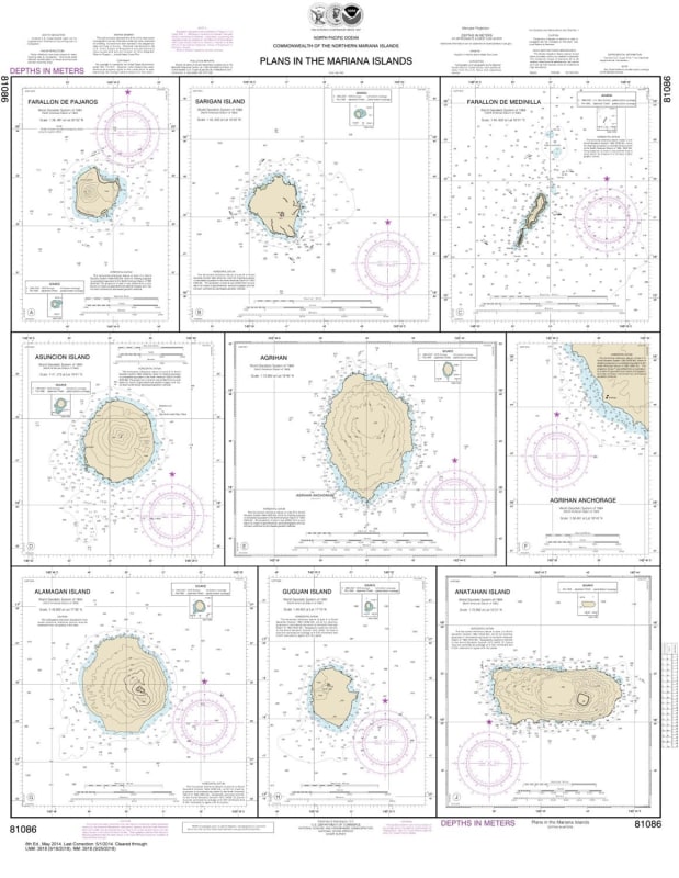 NOAA Chart 81086. Nautical Chart of the Plans in the Mariana Islands - Faraloon de Pajaros - Sarigan Island - Farallon de Medinilla - Ascuncion Island - Agrihan - Agrihan Anchorge - Alamagan Island - Guguan - Anatahan. NOAA charts portray water depths, co
