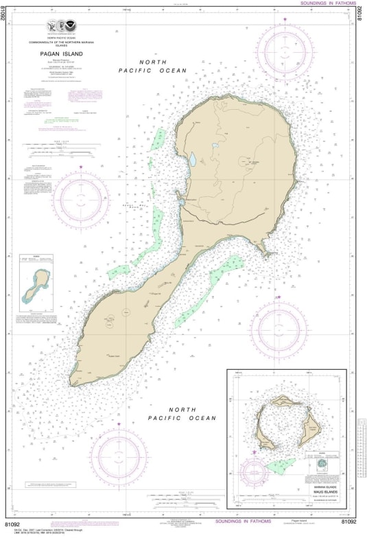 NOAA Chart 81092. Nautical Chart of the Commonwealth of the Northern Mariana Islands. NOAA charts portray water depths, coastlines, dangers, aids to navigation, landmarks, bottom characteristics and other features, as well as regulatory, tide, and other i