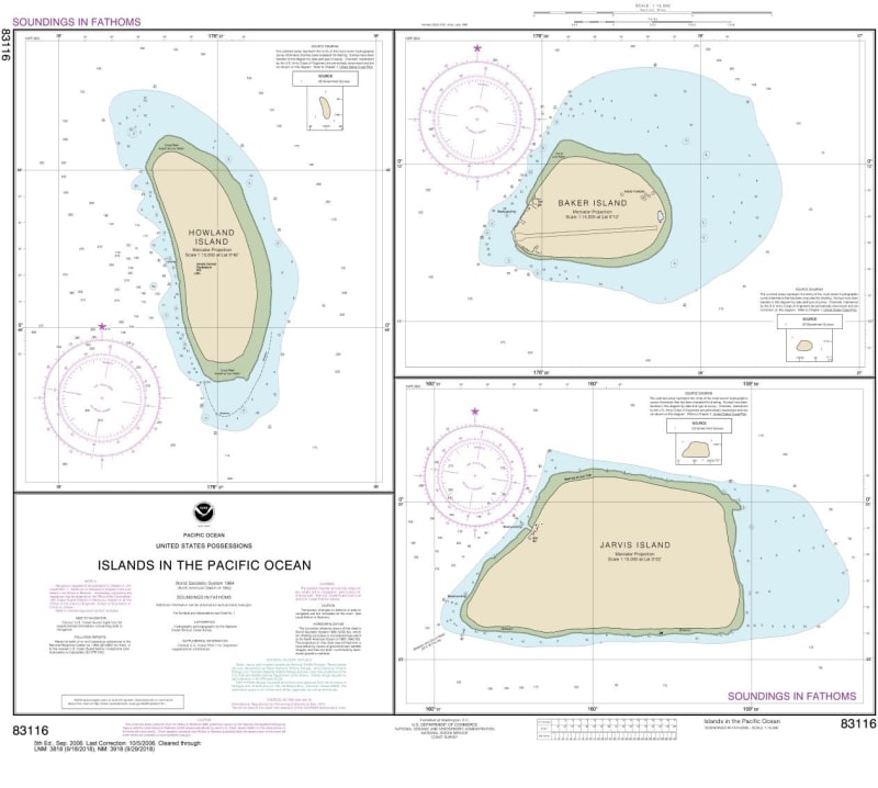 NOAA Chart 83116. Nautical Chart of the Islands in the Pacific Ocean - Jarvis, Bake and Howland Islands. NOAA charts portray water depths, coastlines, dangers, aids to navigation, landmarks, bottom characteristics and other features, as well as regulatory