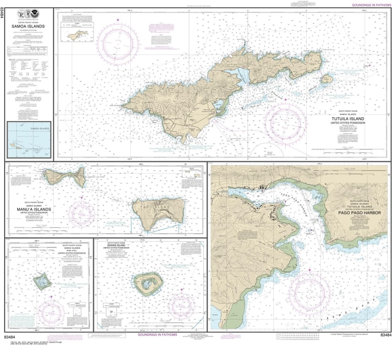 NOAA Chart 83484. Nautical Chart of US Possessions in Samoa Islands - Manua Islands -Pago - Pago Harbor -Tutuila Island -Rose Atoll -Swains Island. NOAA charts portray water depths, coastlines, dangers, aids to navigation, landmarks, bottom characteristic