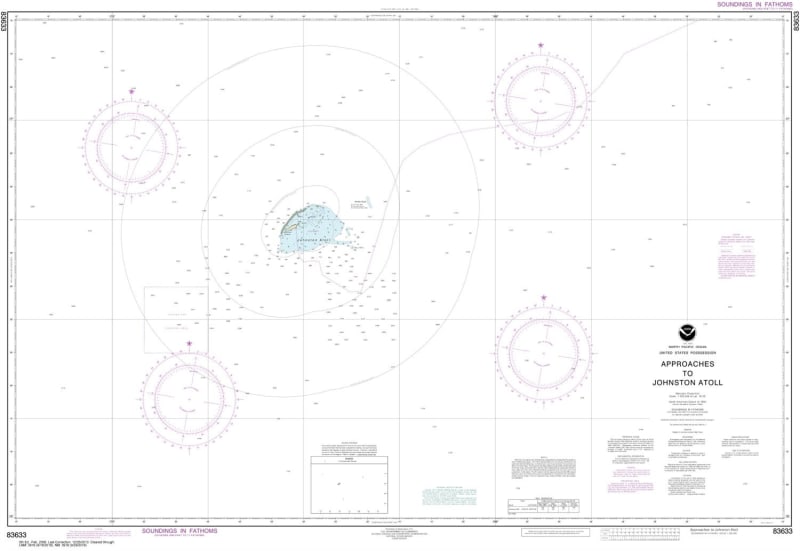 NOAA Chart 83633. Nautical Chart of United States Possession - Approaches to Johnston Atoll. NOAA charts portray water depths, coastlines, dangers, aids to navigation, landmarks, bottom characteristics and other features, as well as regulatory, tide, and