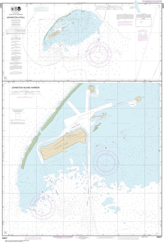 NOAA Chart 83637. Nautical Chart of United States Possession - Johnston Atoll - Johnston Island Harbor. NOAA charts portray water depths, coastlines, dangers, aids to navigation, landmarks, bottom characteristics and other features, as well as regulatory,
