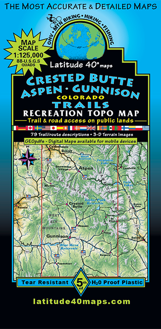 Latitude 40 Crested Butte Aspen Gunnison trail map featuring 3D elevation shading, 79 route profiles, and 4WD trails.