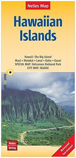 Hawaiian Islands travel map. This is a two sided map that shows all the islands including Maui, Molokai, Lanai, Oahu, and Kauai. These maps have good detail at the 1:150,000 scale and the Big Island of Hawaii at 1:330,000 scale. Includes a special map of
