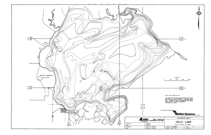 Cold Lake Hydrographic Chart. Bathymetric maps are similar to topographic maps, except they show contours of depth in a lake or reservoir, rather than contours describing the height of a mountain. Bathymetry is a useful technique for Fisheries management