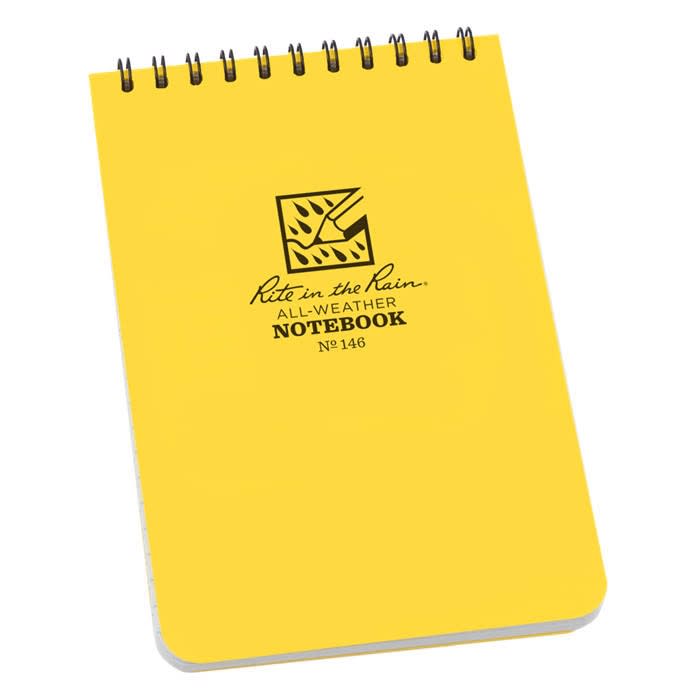 Rite in the Rain notebook - Pocket Top Spiral Yellow. These are the truly go-anywhere, anytime, in any weather waterproof notebooks. The pocket top-spiral notebooks are conveniently sized to take with you on your outings. With a Polydura cover 4" x 6"