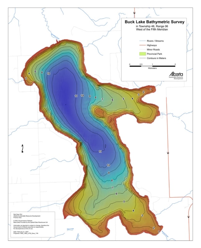Located SW of Edmonton, Buck Lake is a popular recreation area for camping and fishing. Bathymetric maps are similar to topographic maps, except they show contours of depth in a lake or reservoir, rather than contours describing the height of a mountain.