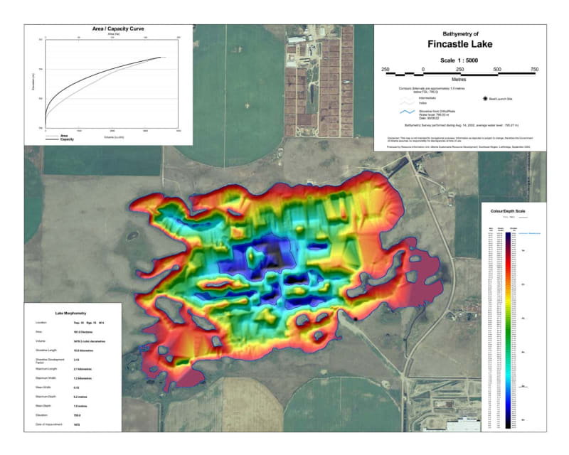 Fincastle Reservoir Bathymetric Chart. Bathymetric maps are similar to topographic maps, except they show contours of depth in a lake or reservoir, rather than contours describing the height of a mountain. Bathymetry is a useful technique for Fisheries ma