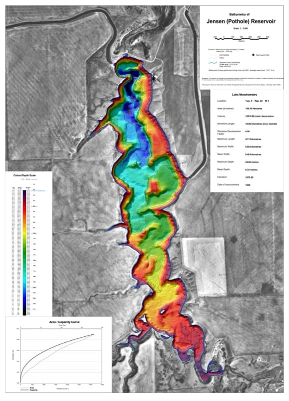 Jensen Lake Bathymetric Chart. Bathymetric maps are similar to topographic maps, except they show contours of depth in a lake or reservoir, rather than contours describing the height of a mountain. Bathymetry is a useful technique for Fisheries management