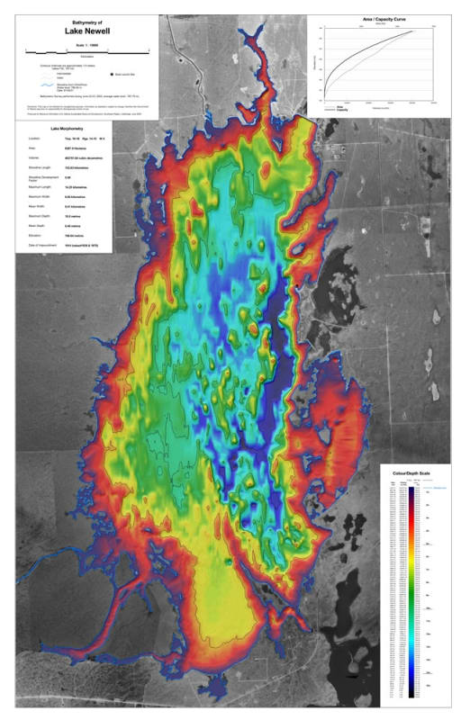 Lake Newell Bathymetric Chart. Bathymetric maps are similar to topographic maps, except they show contours of depth in a lake or reservoir, rather than contours describing the height of a mountain. Bathymetry is a useful technique for Fisheries management