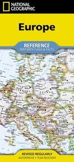 EUROPE REFERENCE FOLDED MAP WITH FLAGS & FACTS.  This is a compact folded 13 x 18 inch map of all of Europe  showing country names and cities. There is also a smaller view of Europe with physical features. Flags and facts for each country is on the revers