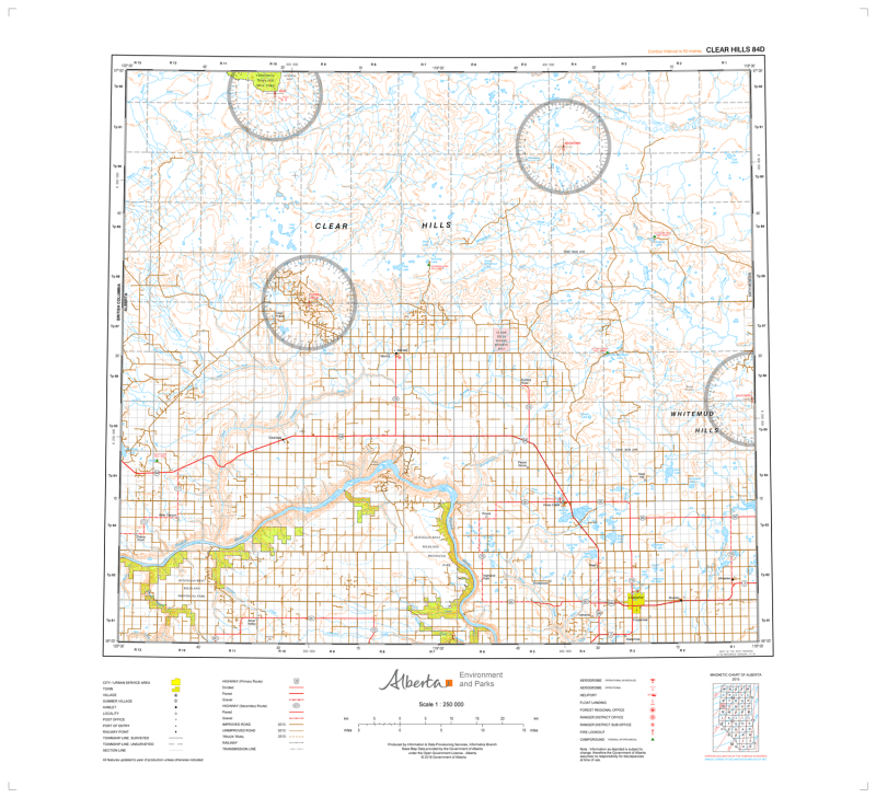 AB084D - CLEAR HILLS - Topographic Map. The Alberta 1:250,000 scale paper topographic map series is part of the Alberta Environment & Parks Map Series. They are also referred to as topo or topographical maps is very useful for providing an overview of an