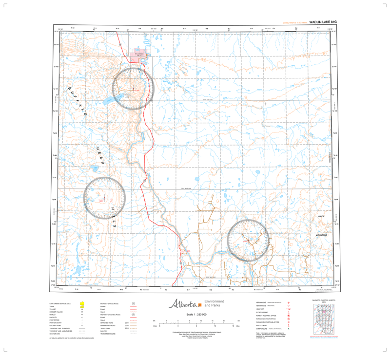 AB084G - WADLIN LAKE - Topographic Map. The Alberta 1:250,000 scale paper topographic map series is part of the Alberta Environment & Parks Map Series. They are also referred to as topo or topographical maps is very useful for providing an overview of an