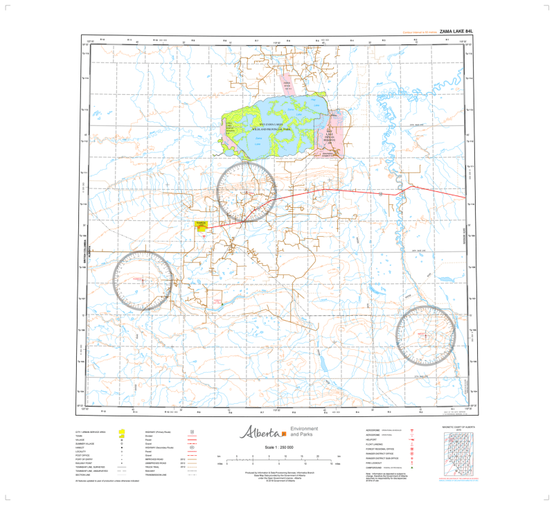 AB084L - ZAMA LAKE - Topographic Map. The Alberta 1:250,000 scale paper topographic map series is part of the Alberta Environment & Parks Map Series. They are also referred to as topo or topographical maps is very useful for providing an overview of an a