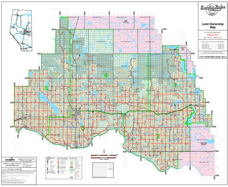Smoky Lake Land Ownership Map - County 13. County and Municipal District (MD) maps show surface land ownership with each 1/4 section labeled with the owners name. Also shown by color are these land types - Crown (government), Freehold (private) and Crown