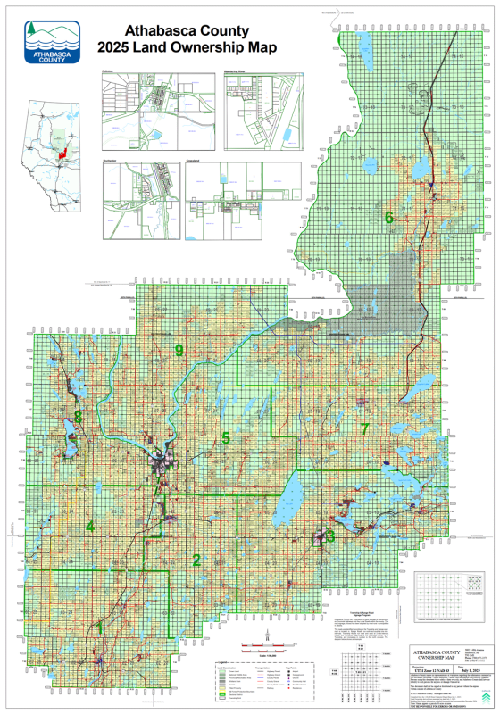 Athabasca County No 12 Alberta landowner map showing quarter section surface ownership, roads, and land status at 1 to 90000 scale. Athabasca County No 12 Alberta landowner map showing quarter section surface ownership, roads, and land status at 1 to 90000 scale.
