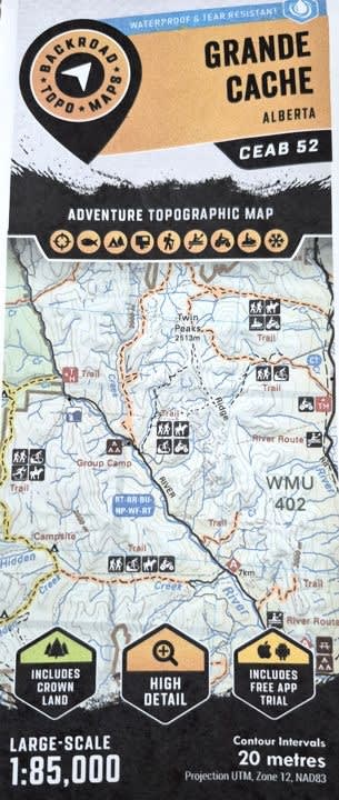 Grande Cache CEAB52 topographic map by Backroad Mapbooks featuring Willmore Wilderness, Mt Hamell, and Sulphur Gates.