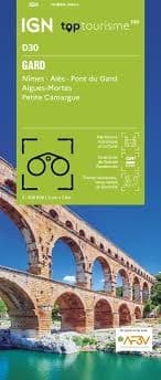 IGN Top 100 (D30) Gard travel map featuring Nîmes, Alès, Pont du Gard, Aigues-Mortes, and GR hiking trails. IGN Top 100 (D30) Gard travel map featuring Nîmes, Alès, Pont du Gard, Aigues-Mortes, and GR hiking trails.