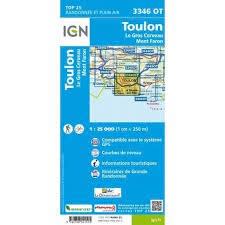 IGN TOP 25 map 3346 OT of Toulon featuring Mont Faron, Le Gros Cerveau, detailed hiking trails, and the Mediterranean coastline. IGN TOP 25 map 3346 OT of Toulon featuring Mont Faron, Le Gros Cerveau, detailed hiking trails, and the Mediterranean coastline.