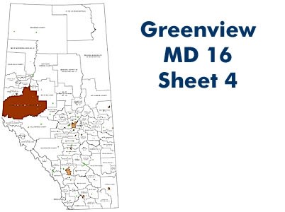 Greenview MD 16 Landowner map - Sheet 4 Grande Cache. County and Municipal District (MD) maps show surface land ownership with each 1/4 section labeled with the owners name. Also shown by color are these land types - Crown (government), Freehold (private)