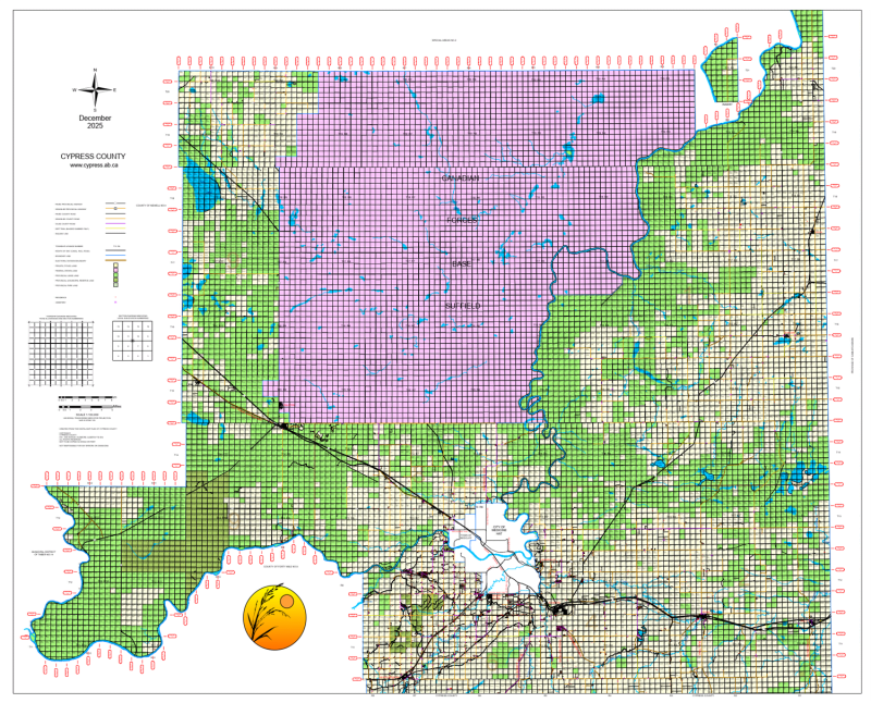 Landowner map for the North Half of Cypress County, Alberta, showing quarter-section names, color-coded land types, and CFB Suffield boundaries.