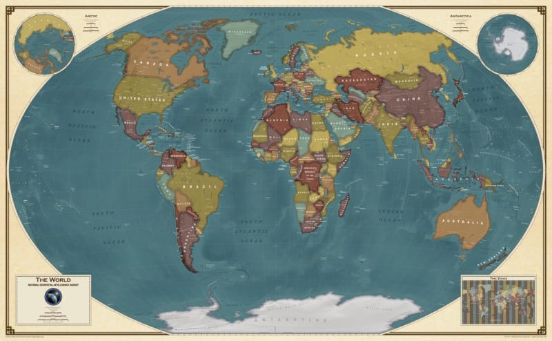 Blue Ocean World Wall Map with Flags. This world map has each country in a different color, has lots of detail and has every flag of the World at the bottom. This map comes laminated and measures 38 inches x 51 inches. This best seller contains great deta