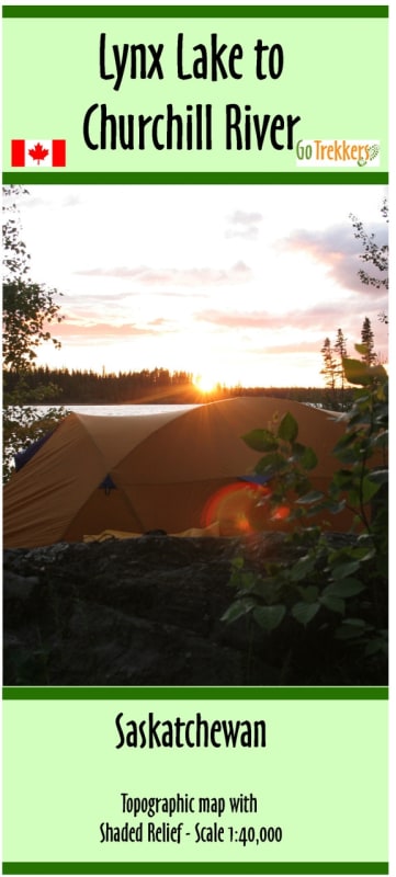 TNM167 canoe map showing detailed topographic routes, portages, and campsites from Lynx Lake to the Churchill River in Northern Saskatchewan.